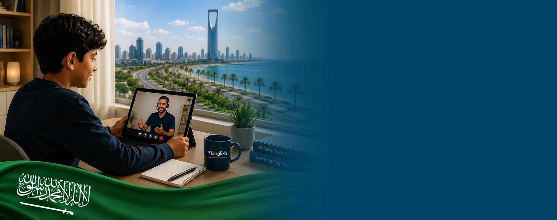 A boy learning English online with a native teacher, with the Jeddah skyline in the background