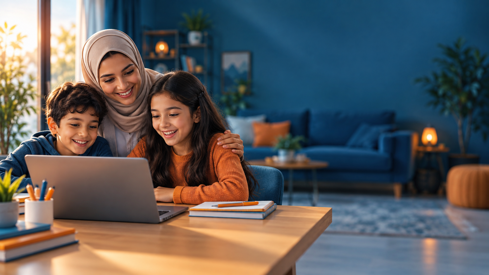 أم وطفلاها يتعلمون الإنجليزية عبر الإنترنت مع مونجلش